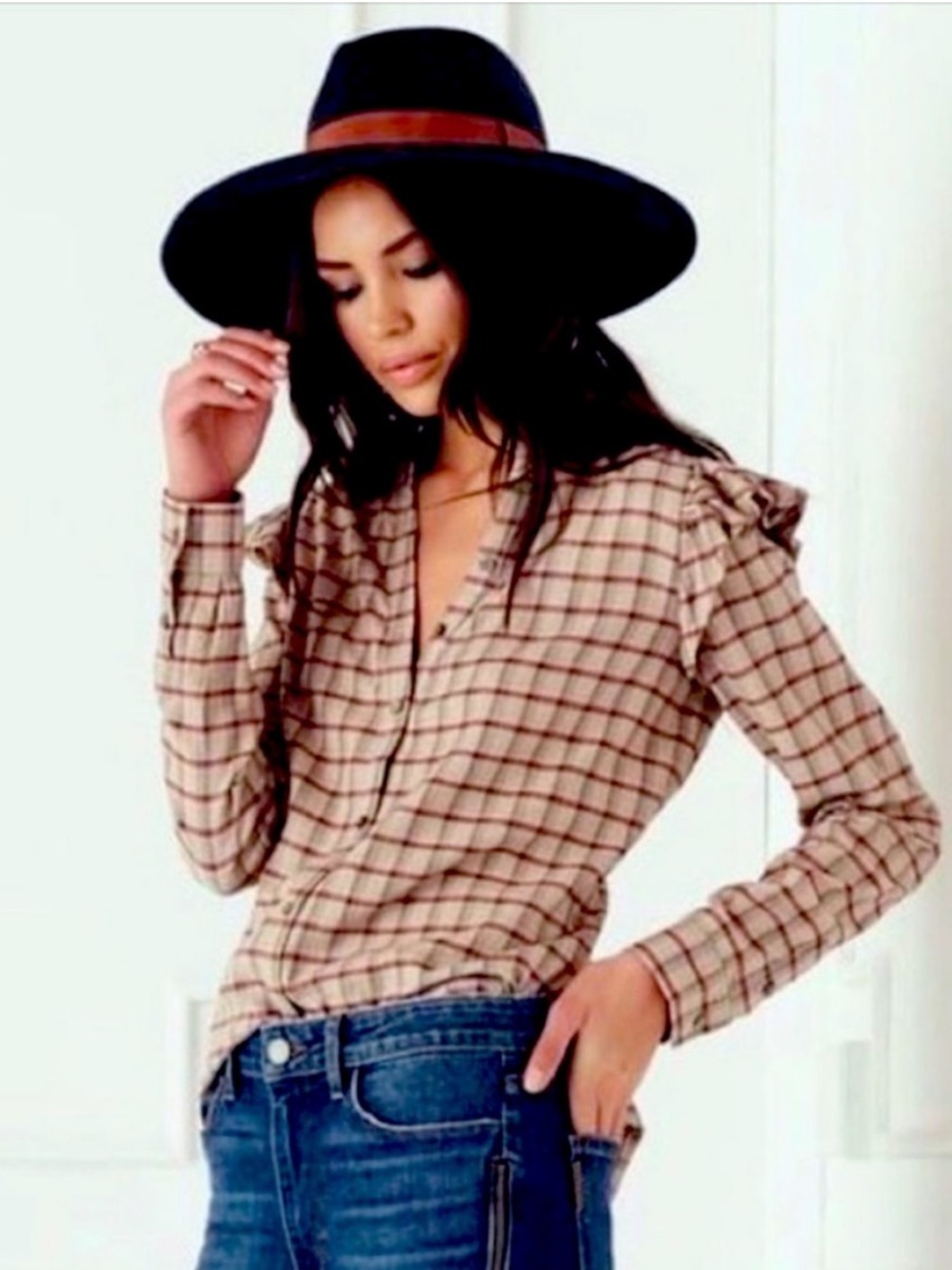 PAIGE Cream & Brown Plaid Button-Down Ruffle Shoulder Top